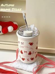 Water Bottles Original Super Cute Red Teddy Bear Insulated Cup Stainless Steel Straw Straight Drinking Mouth With Cover Cartoon