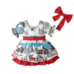 Girl Dresses Christmas Model Children Santa Claus Printed Big Bow Skirt Girl's Small and Medium Children's Dresses