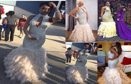 Stunning Sequined Feather African Prom Dresses Long Rhinestones Beaded High Neck Formal Gowns Floor Length Evening Dress For Women7947180