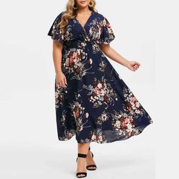 Basic Casual Dresses Summer plus size Bohemian long dress womens casual printed V-neck short sleeved casual floral beach party dress vestL2405