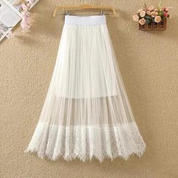 Skirts Patchwork Lace Tulle Long Skirt For Women 2024 Summer Korean Elegant All-match A Line High Waist Midi Female White P454