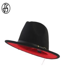 FS Black Red Patchwork Wool Felt Jazz Fedora Hats With Belt Buckle Men Women Wide Brim Panama Party Trilby Bowler Cowboy Cap T20065795338