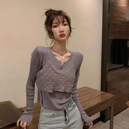 Work Dresses Tops 2 Piece Sets Women Pure Simple Knitted Pullovers Kawaii Chic Hollow Out Vintage Camisoles Ulzzang Female Ins Gentle