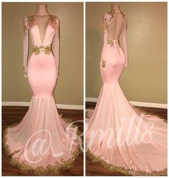 New Design Pink Prom Dresses Evening Wear Long Sleeve Open Back Lace Applique Deep V Neck Party Gowns Sweep Train Long Graduation 2481005
