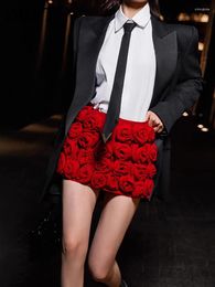 Women's Shorts Fashion Three-dimensional Rose Flower Decoration Mid Waist Red Mini Skirts Summer 2024 7AB3821