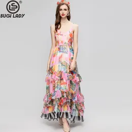 Casual Dresses Women's Floral Printed Long Runway Dress Sexy V Neck Spaghetti Straps Tiered Ruffles Fashion Designer Holiday