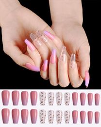 24pcs Portuguese Lavender Long Ballet Fake Nails Glitter Powder Design Press On Nail Tip ToolsFull Nail Tips Female Manicure7613089