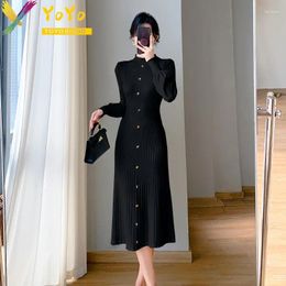 Casual Dresses Spring Solid Half High Neck Long Sleeve Single Breasted Knitted Dress Women's Korean Fashion Slim Office Sweater
