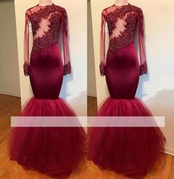 Burgundy 2018 Cheap Prom Dresses Mermaid Long Sleeves Tulle Lace Beaded Applique Party Gown Sexy Plus Size Evening Dresses Robe De7275349