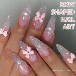 False Nails Acrylic Press On Nail Almond Fake Pearls Pink Bows Glues Stick For Women Girls