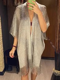 Tassel Gold Bikini Cover Up Sexy Beach Dress Tunics for Women Beachwear 2024 Summer See Through Swimsuit Coverups Kaftan 240420