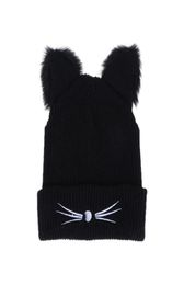 Warm Winter Hat For Women Cute Cat Ears Hat Skullies Hats Pompom Caps Female Bonnet Femme Woollen Black Knitting Braided Fur Hat Y15489843