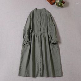 Casual Dresses Stand Collar Long Sleeve Dress Loose Cotton Linen Midi