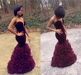 2019 Burgundy Mermaid Prom Dresses Long Velvet Sweetheart African Arabic Pageant Party Wear Cheap Ruffles Open Back Evening Celebr2582670