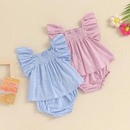 Clothing Sets 0-3Y Baby Girls Summer 2 Piece Outfits Solid Color Ruffles Tank Shirt Tops Elastic Shorts Set Fashion Cute Clothes