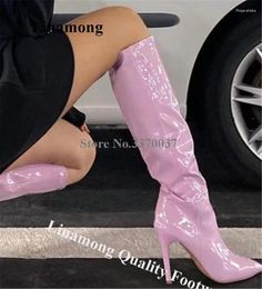 Boots Linamong Beautiful Cute Pink Knee High Stiletto Heel Patent Leather Slim Long Club Dress Shoes Big Size