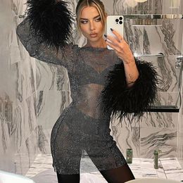 Casual Dresses Fashion Feather Patchwork Long Sleeve Party Dress Elegant O-neck Mesh See-Through Mini Sexy Perspective A-Line Club