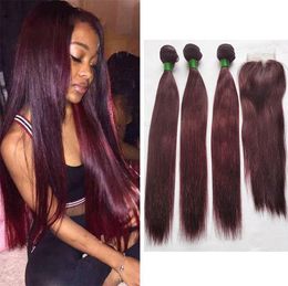 Brazilian Silky Straight Coloured Hair Bundles with Closure Real Human Hair Weave Colour 99J Dark Red 3 Bundles with 4x4 Lace Closur5504153