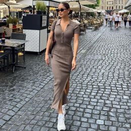 Party Dresses Women Solid Fashion Turn-down Collar Short Sleeve Button Side Slit Body-Shaping Streetwear Elegant Long Dress