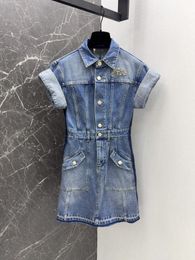 Curled Sleeves Water Diamond Denim Dress