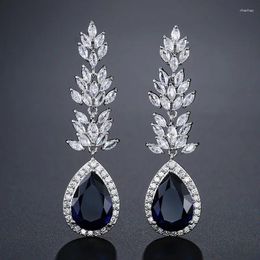 Dangle Earrings JUNZI Luxury Leaf Zirconia For Women Fashion Water Drop Crystal Earring Silver Colour Bridal Wedding Jewellery