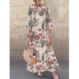 Basic Casual Dresses Plus size cotton linen long skirt for womens 2023 autumn oversized casual loose print womens Vestibus dressL2405