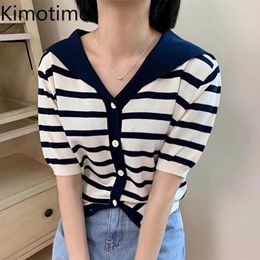 Women's Knits Kimotimo Summer Contrast Colour Sailor Collar Striped Knit Tops Women Korean Chic Vintage Short Sleeve Cardigans Casual