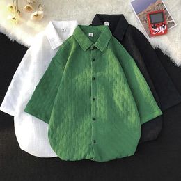 Men's Casual Shirts 2024 Summer Fashion Solid Color Loose Male Short-sleeved Buttons Shirt Men Turn Down Collar Blouses D450