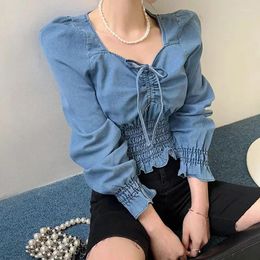 Women's Blouses Korean Fashion Solid Colour Square Collar Puff Sleeve Draw String Crop Tops Spring Slim Waist All Match Women Jean Shirts