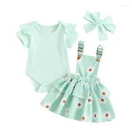 Clothing Sets Baby Girl Outfit Spring Summer Short Sleeve Ribbed Romper Tops Suspender Skirt Headband Clothes Set