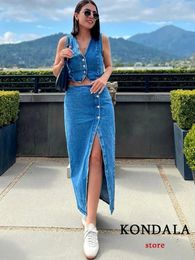 KONDALA Casual Vintage Solid Denim Women Suit Single Breasted Sleeveless Vest Long Straight Split Skirt Fashion Summer Sets 240423