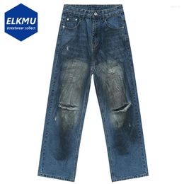 Men's Jeans 2024 Spring Vintage Ripped Distressed Dirty Printed Blue Baggy Trousers Casual Loose Straight Denim Pants