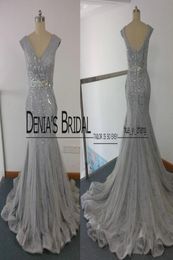 2017 Grey Prom Dresses Mermaid V Neckline Beaded Ruched Tulle Over Lace Court Train Evening Gowns Real Images4125624