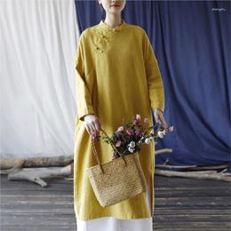 Casual Dresses Johnature Women Chinese Style Stand Linen Dress Long Sleeve Button Robes 2024 Spring Solid Colour Vintage A-Line