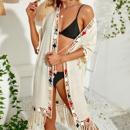 White Cover Up With Fringe Trim Women Sexy Hollow Tunic Beach Dress Summer Bathing Suit Beachwear