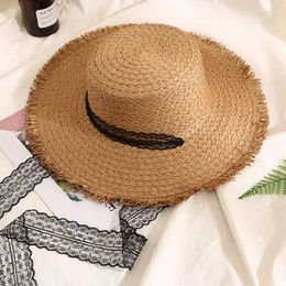 Wide Brim Hats Women's Beach Vacation Ribbon Lafite Straw Hat Summer Sun Handmade Woven With Lace Ribbons Holiday Sunscreen Cap