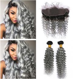 Dark Root 1BGrey Ombre Indian Virgin Human Hair 2Bundles Deep Wave Weaves with 13x4 Full Lace Frontal Closure Middle 3 Part8142180