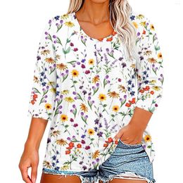 Women's T Shirts 3/4 Sleeve For Women Print Graphic Tees Button V-Neck Blouses Casual Plus Size Basic Tops Pullover Fashionable