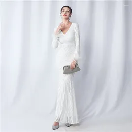 Casual Dresses 2024 Elegant Dress For Women Long Sleeve V Neck White Sequined Backless Sexy Evening Party Cocktail Prom Mermaid