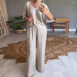 Women's Two Piece Pants 2 Pcs/Set Women Top Suit V Neck Short Sleeves Satin T-shirt Drawstring High Elastic Waist Wide Leg Trousers