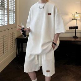 Men's Tracksuits Casual Men Suit Summer Outfit Set O-neck Short Sleeve T-shirt With Elastic Drawstring Waist Wide Leg Shorts For A