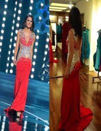 Bling Bling Crystals Prom Dresses Red 2019 Mermaid Deep V Neck Low Back Long Pageant Dresses Court Train Party Gowns3357443