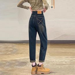 Women's Jeans Harlan Female Leather Brand Design High-waisted Colour Collision Pockets Loose Straight Retro Nine Points Radish Pops Pants