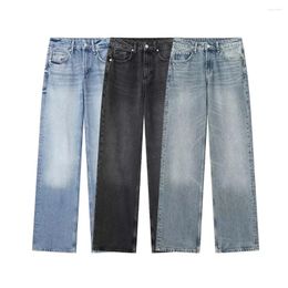 Women's Jeans Aoaiiys For Women Grey Wide Leg High Waisted Vintage Pants Trousers Pocket Female Streetwear Fashion Denim