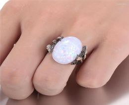 Cluster Rings AMORUI White Fire Opal Natural Stone For Women Vintage Plum Blossom Tree Flower CZ Drop Whole5512063