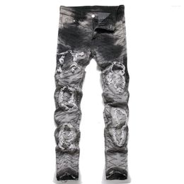 Men's Jeans Men Release Hem Slim Tapered Gray Black Stretch Denim Pants Embroidery Fringe Patch Ripped Tie Dye Trousers