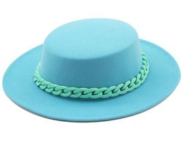European US Women Retro Black Flat Top Hat Wool Felt Fedora Hats with Chain Vintage Solid Colour Wide Brim Jazz Boater Hat4683871