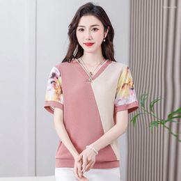 Women's T Shirts Women Clothing Floral Print T-shirt Summer Fashion Short Sleeve Knitted V-neck Patchwork Elegant Casual Tees Tops