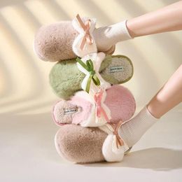 Slippers Women Winter Warm Home Shoes Cute Bow Tie Furry Slides Couples Casual House Bedroom Cotton Pantuflas De Mujer