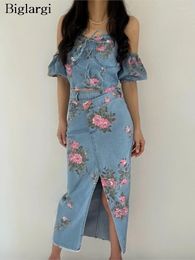 Work Dresses Denim Flower Print Summer 2 Two Piece Set Women Slip Patchwork Korea Ladies Cropped Tops High Waist Slim Modis Split Woman